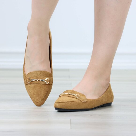 Pointed Toe Flats Tan Gold Accent Slip On Loafers Shoe Faux Suede - Picture 1 of 13